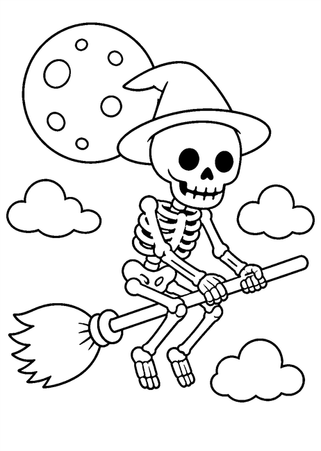 Coloriage squelettes halloween : squelette volant sur un balai au clair de lune à imprimer et à colorier