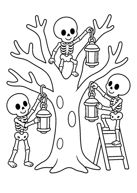 Coloriage squelettes halloween : squelettes décorant un arbre avec des lanternes à imprimer et à colorier