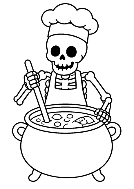Coloriage squelettes halloween : squelette cuisinant une soupe dans un chaudron à imprimer et à colorier