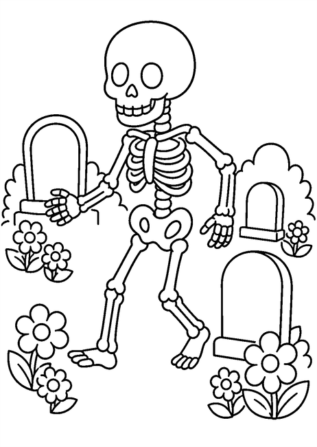 Coloriage squelettes halloween : squelette marchant parmi les tombes fleuries à imprimer et à colorier