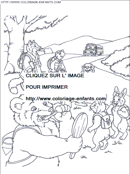 coloriage franklin et ses amis attendent le bus scolaire