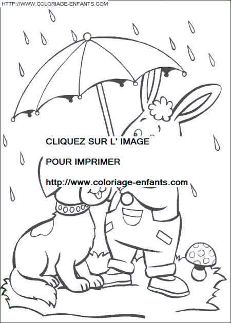 coloriage oui oui le lapin et le chien sous la pluie