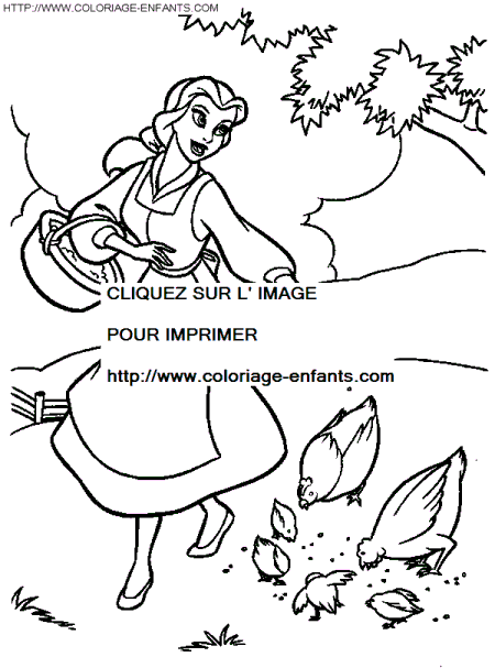 coloriage princesse belle donne a manger aux poules