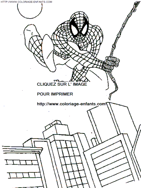 coloriage spiderman sautant au dessus de la ville