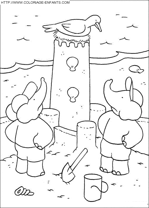 coloriage babar alexandre et pom a la mer