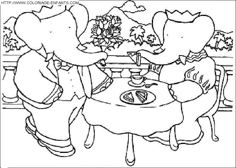 coloriage babar et celeste prennent le the