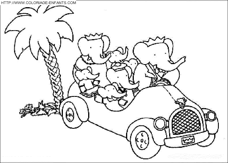 coloriage babar et sa famille en vacances