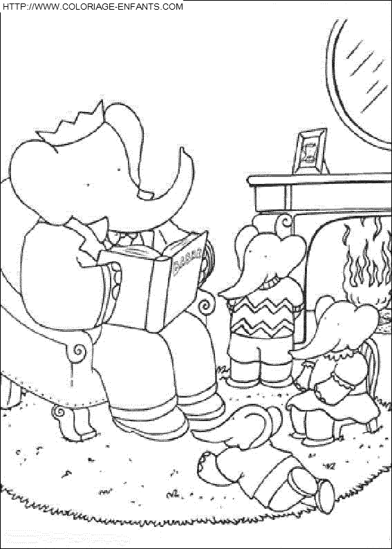 coloriage babar racontant une histoire a ses enfants