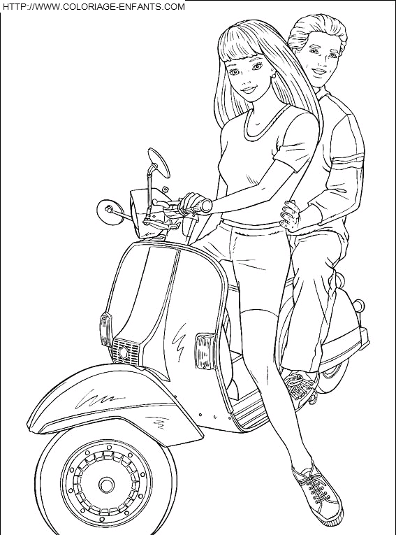 coloriage barbie et son fiance ken en scooter