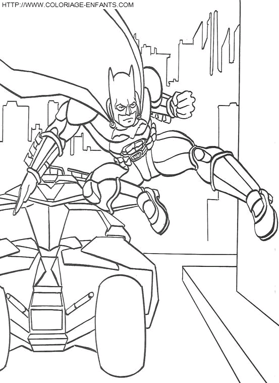 coloriage batman sautant de sa batmobile