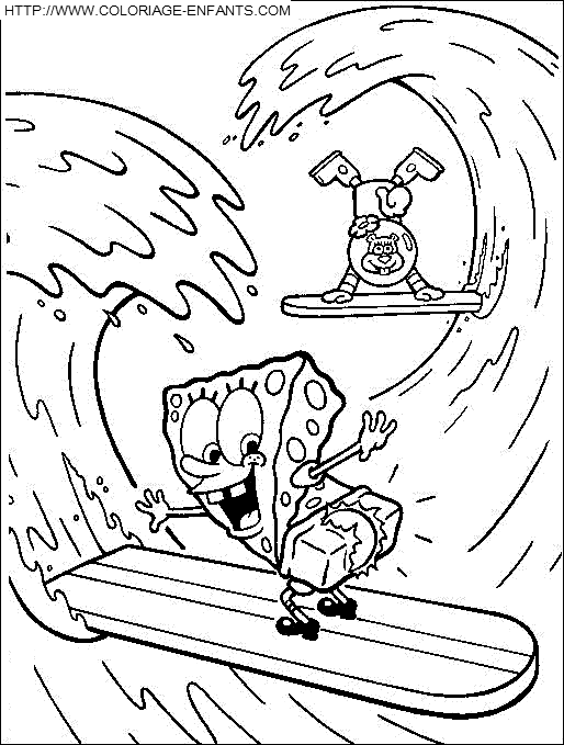 coloriage bob eponge sandy et bob faisant du surf