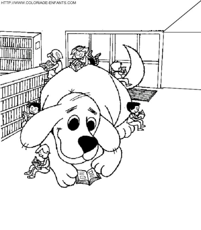 coloriage clifford dans la bibliotheque