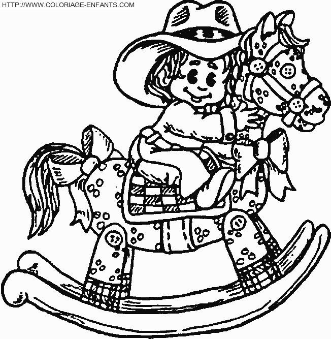 coloriage cowboy enfant sur cheval a bascule