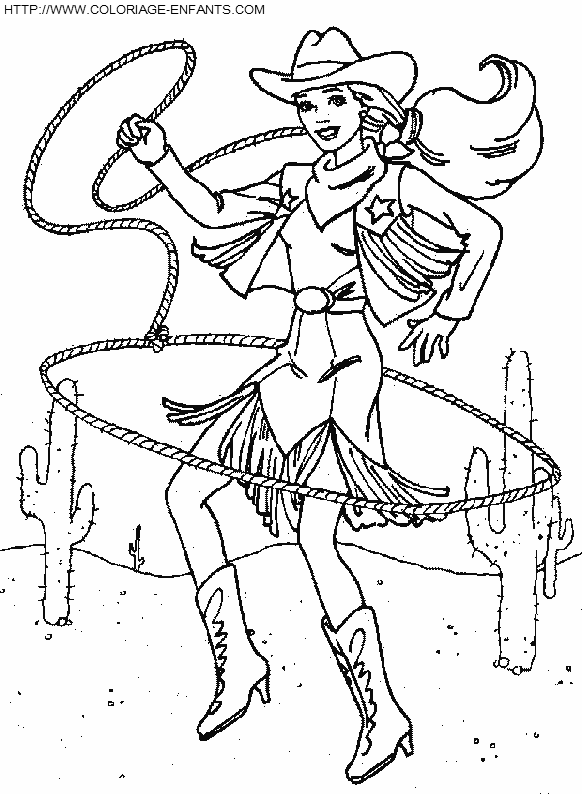 coloriage cowboy femme au lasso