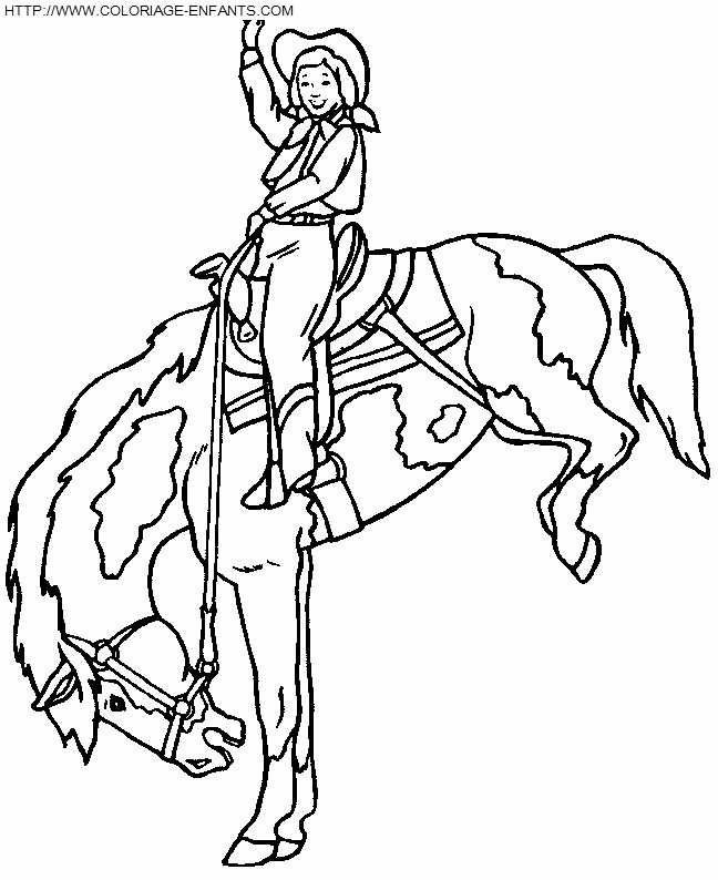 coloriage cowboy jeune femme en cheval