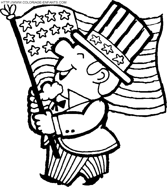 coloriage drapeau americain avec personnage