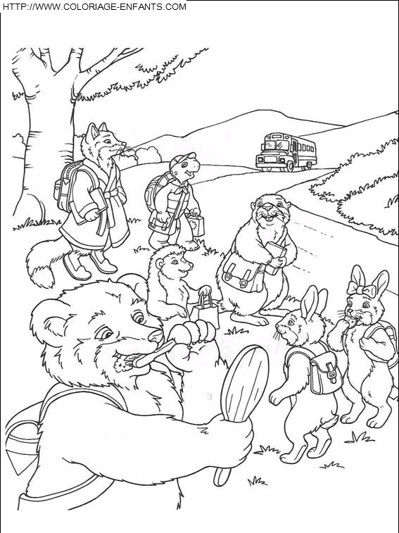 coloriage franklin et ses amis attendent le bus scolaire