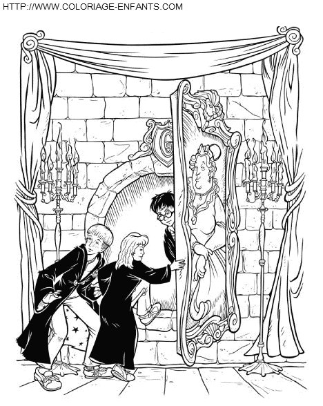 coloriage harry potter les amis entrant dans la chambre des secrets