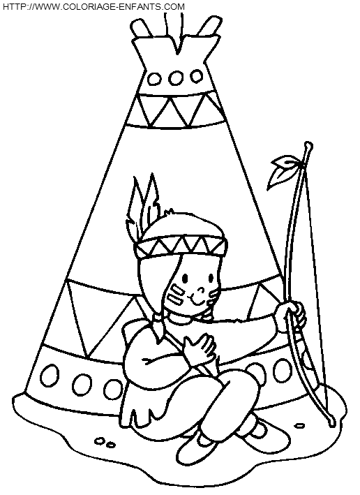 coloriage indien avec son arc devant sa tente