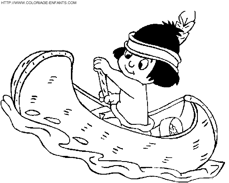 coloriage indien enfant en canoe