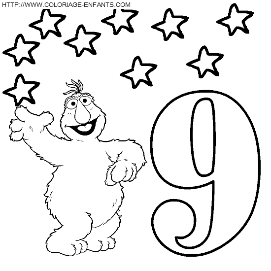 coloriage nombres rue sesame chiffre9