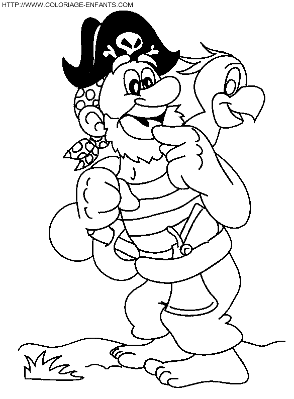 coloriage pirate heureux avec perroquet