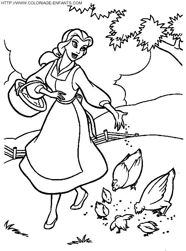 coloriage princesse belle donne a manger aux poules