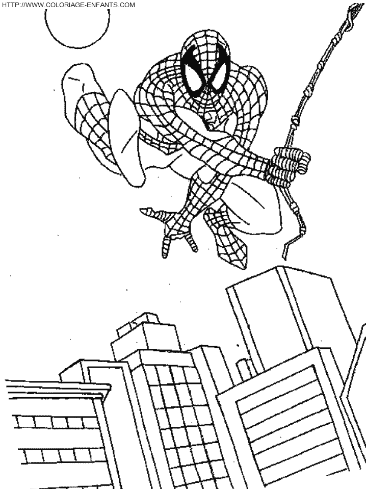 coloriage spiderman sautant au dessus de la ville