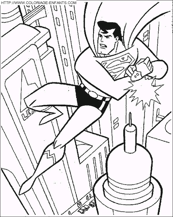 coloriage superman au dessus de la ville