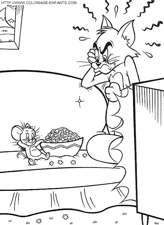 coloriage tom et jerry devant la television