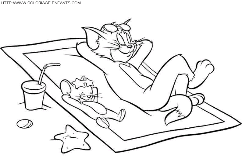 coloriage tom et jerry se reposent a la plage