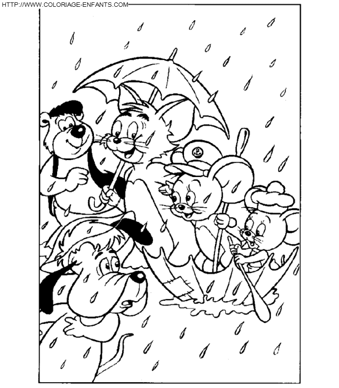 coloriage tom et jerry sous la pluie