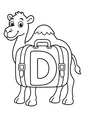 Coloriage Alphabet rigolo : dromadaire portant une grosse valise autour de la lettre D à imprimer