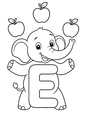 Coloriage Alphabet rigolo : éléphant jonglant avec trois pommes autour de la lettre E à imprimer