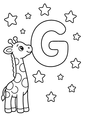 Coloriage Alphabet rigolo : girafe observant les étoiles autour de la lettre G à imprimer