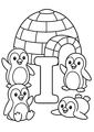 Coloriage Alphabet rigolo : igloo entouré de pingouins souriants autour de la lettre I à imprimer