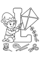 Coloriage Alphabet rigolo : lutin fabriquant un cerf volant autour de la lettre L à imprimer