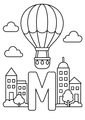 Coloriage Alphabet rigolo : montgolfière survolant une ville autour de la lettre M à imprimer