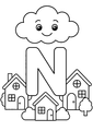 Coloriage Alphabet rigolo : nuage souriant au-dessus des maisons autour de la lettre N à imprimer