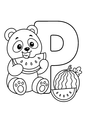 Coloriage Alphabet rigolo : panda dégustant une pastèque autour de la lettre P à imprimer