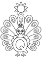 Coloriage Alphabet rigolo : queue de paon déployée au soleil autour de la lettre Q à imprimer