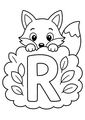 Coloriage Alphabet rigolo : renard caché derrière un buisson autour de la lettre R à imprimer