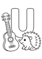 Coloriage Alphabet rigolo : ukulélé posé près d'un hérisson autour de la lettre U à imprimer