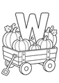 Coloriage Alphabet rigolo : wagon rempli de citrouilles autour de la lettre W à imprimer