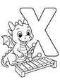 Coloriage Alphabet rigolo : xylophone joué par un petit dragon autour de la lettre X à imprimer