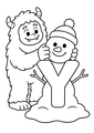 Coloriage Alphabet rigolo : yéti construisant un bonhomme de neige autour de la lettre Y à imprimer