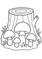 Coloriage automne : champignons poussant près d'une vieille souche à imprimer
