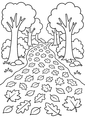 Coloriage automne : chemin forestier couvert de feuilles mortes à imprimer