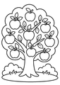 Coloriage automne : pommes rouges suspendues dans un verger à imprimer