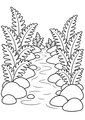 Coloriage automne : ruisseau entouré de fougères jaunissantes à imprimer